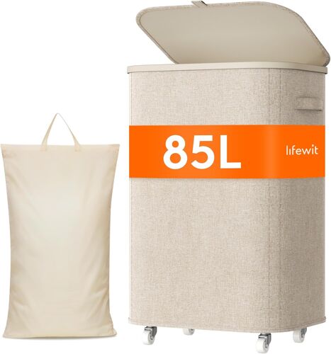 MEVRONISSHOP-Panier a Linge Sale avec Couvercle et Roulettes, Corbeille Linge Pliable avec Sac Amovible, Bac Linge, Laundry Basket pour Chambre, Salle de Bain, Buanderie, 85L, Beige