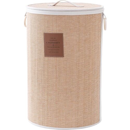 MEVRONISSHOP-Panier à linge en bambou avec couvercle, pliable, 75 l, en coton naturel, solide, avec poignées de transport, rond, diamètre : 40 cm, marron clair