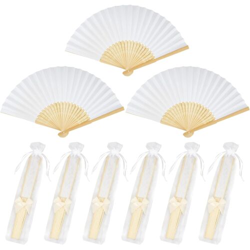MEVRONISSHOP-24pcs Eventail Mariage Eventail Pliant Blancs en Bois +24pcs Sac en Organza +24pcs Noeud Mariage pour Invités Cadeau Fête Décoration