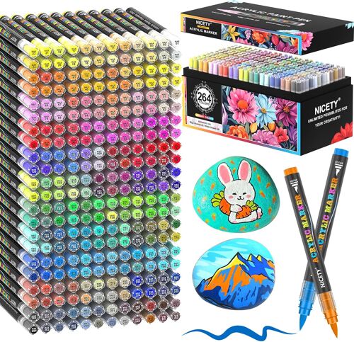 Mevronisshop-264 Feutres Acryliques À Pointe Pinceau - Marqueurs Peinture À L'eau Multi-Supports Pour Pierre, Bois, Céramique, Verre - Pointe Flexible 1-6mm Pour Artistes, Débutants Et Adultes