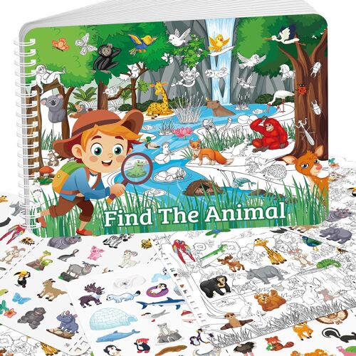 MEVRONISSHOP-Livre Autocollants de Cherche et Trouve Les Animaux pour Les Enfants Âgés De 3 À 5 Ans, Comprend 20 Autocollants À Thème Caché Pour Les Enfants, Trouver Plus de 400+ Objets Cachés