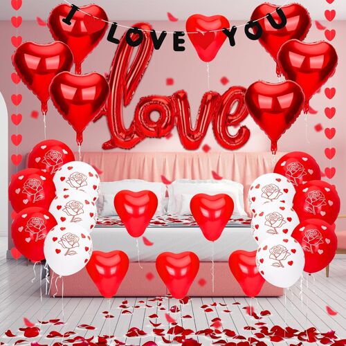 MEVRONISSHOP-Kit de décoration de Saint-Valentin, 34 ballons en forme de c?ur rouge, bannière « I Love You » XXL, 500 pétales de rose pour Saint-Valentin, anniversaire, demande en mariage, fiançaille