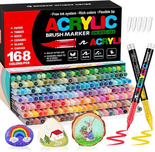 Mevronisshop-168 Couleurs Feutre Acrylique, Stylos Acryliques Liquide Direct Acrylic Paint Marker Coloriage Pour Adultes, Marqueur Acide Acrylique Pour Coloriage, Pierre, Calligraphie, Bois, Toile, V