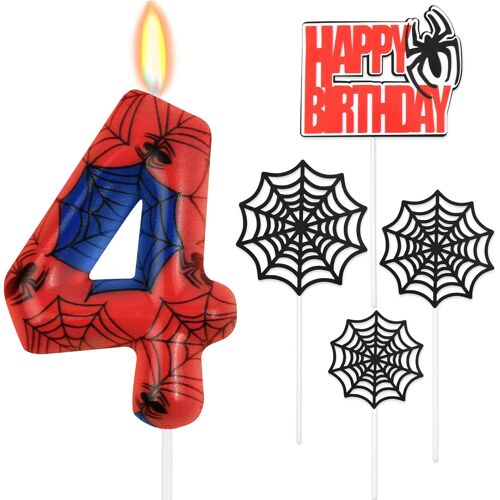 KALANKA-Bougie Araignée, Rouge Bleu Bougie Araignée, Numéro en Toile, Gâteau d'Anniversaire Décorations d'Anniversaire en Forme pour Garçons et Filles