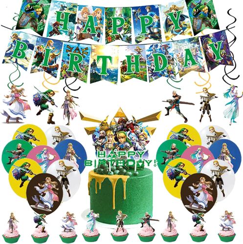MEVRONISSHOP-Zelda Décoration Anniversaire Pack: 25pcs Gâteau, 6pcs Spirales, 1pc Bannière, 18pcs Ballons - Vert, Doré - Uni, Letter Print, Cartoon