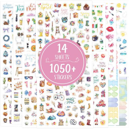 Mevronisshop-14 Feuille Autocollant Saison, 1050 Pièces Stickers Scrapbooking Mois, Brillantes Gommettes Enfant Adulte, Autocollants Décoratifs Pour Diy Bullet Journal Carnet Calendrier Planner Agend