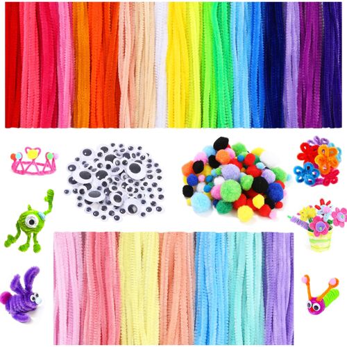 MEVRONISSHOP-600 Pièces 400 fil Cure Pipe Chenille 30 cm, 100 Pompons Multicolores, 100 Yeux Branlants Autocollants, DIY Artisanat Décoration Fournitures, Chenille pour la Fabrication de Fleurs, Peti