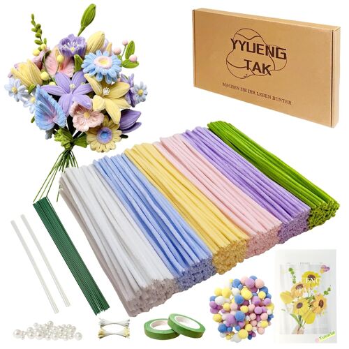 Mevronisshop-Yyuengtak 500 Pièces Fil Chenille (6 Couleurs), Fils Chenilles Loisirs Creatifs De Fleurs, Avec Instructions, Pompons, 20 Fils Floraux, Étamines, Ruban Adhésif,Bâton De Colle Thermofusib