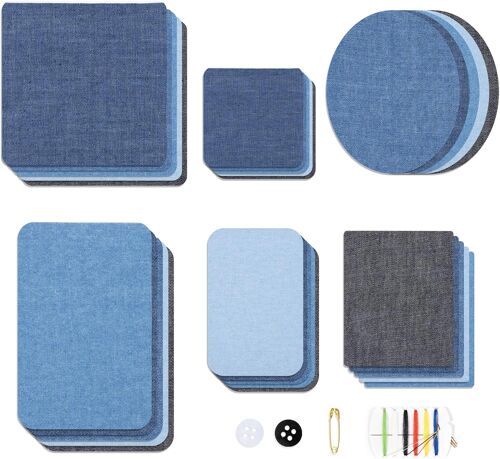 Mevronisshop-Lot De 30 Tissu Thermocollant Jean - 5 Couleurs - 6 Tailles - Rectangle, Carré, Ovale, Jean Patch Thermocollant Pour L'intérieur Et L'extérieur - Pour Adultes Et Enfants