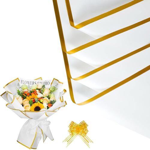 Mevronisshop-Feuilles Papier Bouquet De Fleur, 20 Papier Emballage Fleuriste Imperméable Avec Bordure Dorée, Inclus 10 Rubans Pour Cadeau Et Loisirs Créatifs
