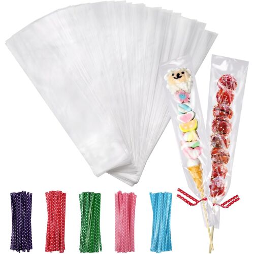 Mevronisshop-250pcs Sacs En Cellophane, Sachet Bonbon Transparent 25x5cm, Sac Plastique Bonbon Sachet Avec 250pcs Liens Torsadés, Bonbons Sacs Pour Bonbons Savon Cookie Chocolats Perles Bijoux Cadeau