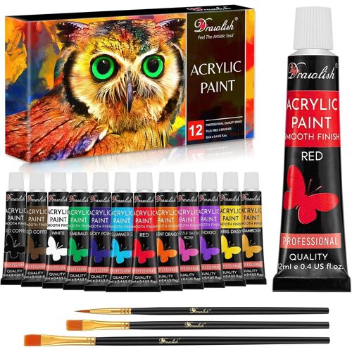 MEVRONISSHOP-Lot de 12 peintures acryliques avec 3 pinceaux et tubes de 12 ml | Kit de peinture céramique hautement pigmentée | Idéal pour toile, bois, céramique, verre et pierre