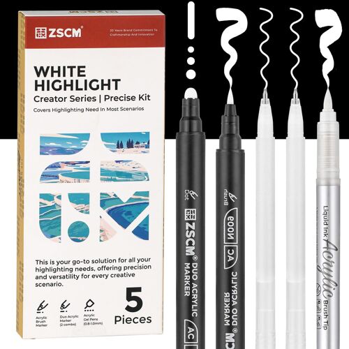 Mevronisshop-Lot De 5 Crayons Acryliques Blancs Pour Dessin, Stylos Gel Acrylique Fine Point, Mats, Pour Dessiner Sur Papier Noir, Croquis, Illustrations, Création De Cartes