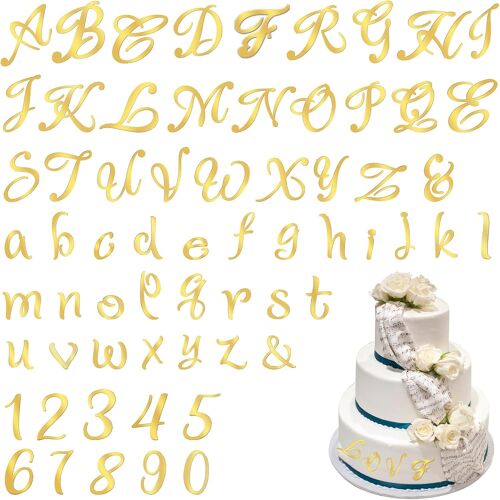 Mevronisshop-Lot De 64 Lettres Alphabet Acrylique Doré Pour Décoration De Gâteau - Chiffres 0-9 Et Lettres Minuscules A-Z