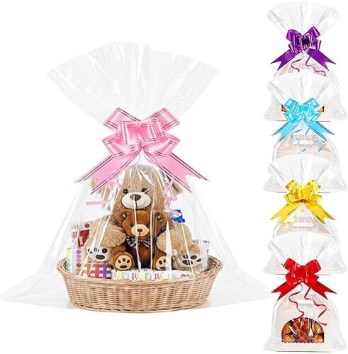 MEVRONISSHOP-Lot de 20 Grands Sacs Cadeaux en Cellophane Transparent - 50 x 60 cm - Film Panier Cadeau Transparent avec 20 N?uds à Tirer pour Paniers, Fleurs, Mariage