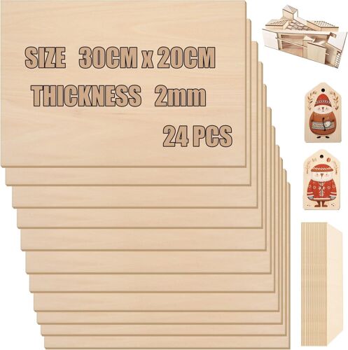 Mevronisshop-24 Pièces Feuilles De Bois De Balsa, 300 X 200 X 2mm Feuilles De Contreplaqué Non Finies Panneau De Tilleul Lisse Pour Maison Décoration, Bricolage Projets, Modèle En Bois, Peinture Et G