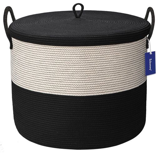 MEVRONISSHOP-Panier à linge en corde de coton XXXXL extra large avec couvercle 53x 46cm - Panier de rangement épais et rigide pour le salon - 115 l - Noir