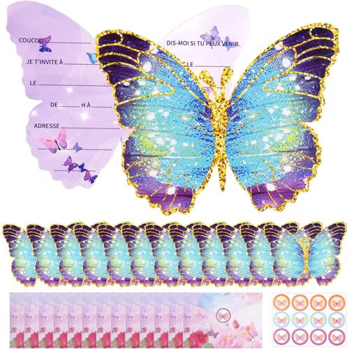 MEVRONISSHOP-12 Pièces Carte Invitation Anniversaire Fille, avec 12 Enveloppes, et Auto-adhésif Autocollant, Cartes D'Invitation Papillon, Invitation Anniversaire Papillon en Francais, pour Fêtes D'a