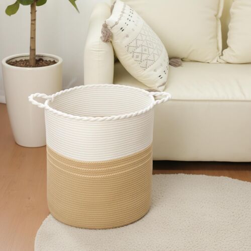MEVRONISSHOP-Panier à Linge 62L en Coton Tressé, Grand Panier de Rangement avec Poignées, Panier à Lessive Stable pour Chambre Salle de Bain, Panier de Lavage Durable blanc et kaki
