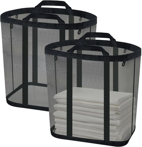 MEVRONISSHOP-Lot de 2 paniers à linge en maille, panier à linge suspendu pour porte murale avec poignées, sac de plage pliable et respirant, sac de voyage peu encombrant (noir)