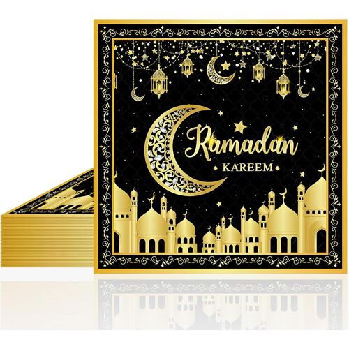 MEVRONISSHOP-Lot de 20 Serviettes Eid Mubarak en Papier, Noir Doré Decoration Ramadan Moubarak, Lune et Étoiles Ramadan Décoration de Table, Serviettes en Papier Jetables Vaisselle pour la Fête de l'