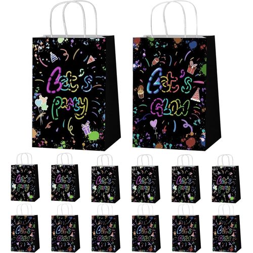 MEVRONISSHOP-12 Sachet Anniversaire Enfant Avec Poignée, Sachet de Bonbon Anniversaire Néon, Papier Cadeau Fluorescents Fête pour Fournitures Fête Glow in The Dark, Sac Emballage Cadeau