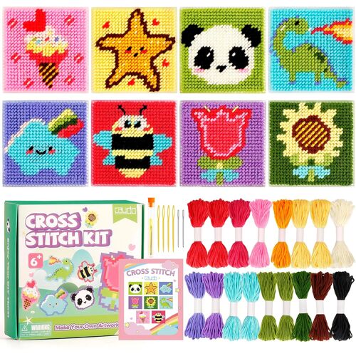 Mevronisshop-Kit Point De Croix Enfant 8-En-1 Pour Enfants, Comprend 8 Toiles En Plastique Avec Des Motifs Pré-Imprimés, 13 Couleurs De Fils, Aiguilles À Broder Pour Débutants En Couture