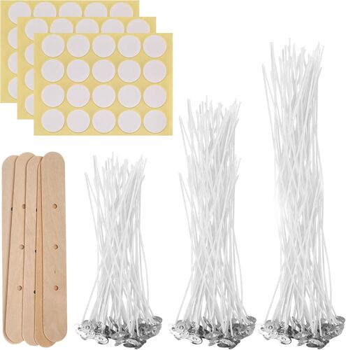 Mevronisshop-150 Pièces Mèches De Bougie, 10cm/15cm/20cm Mèches Pour Bougies, Mèches De Bougie Coton Naturelles Avec Supports De Mèche En Bois Et Autocollants De Mèche Double Face, Pour Fabrication D