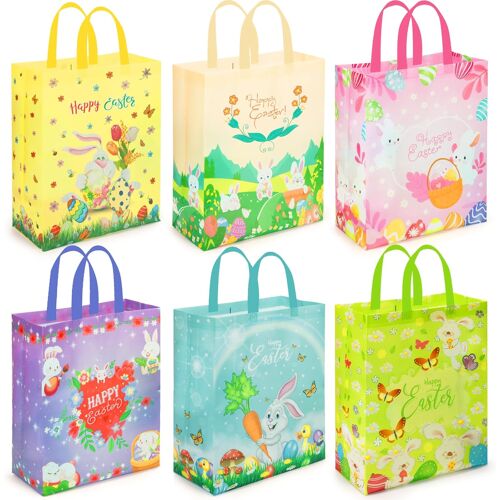 MEVRONISSHOP-6Pcs Sac Chasse aux ?ufs de Pâques en Non Tissés, Sac Réutilisable Fourre-Tout de Lapin de Pâques, Sacs de Friandises de Pâque pour Enfants Jeu de Pâque, Emballage Cadeau, 38 x 30 x 15cm