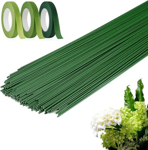 MEVRONISSHOP-150 Pièces Tige Fleur Artificielle, 3 Roules de Papier Crêpon Inclus - 30 cm Fil de Fer Facile à Plier pour Bricolage, Arrangements Floraux, Artisanat et Créations Creatives