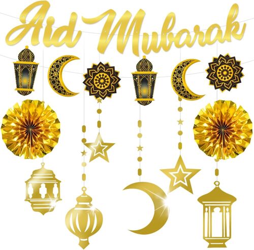 MEVRONISSHOP-Decoration Aid Moubarak 2025 Decoration Eid Noir Or Eid Mubarak Decoration Or Banderole Aid Mubarak Etoile Lune Guirlande Spirale Etoile Lune - Décor Jardin Maison Restaurant