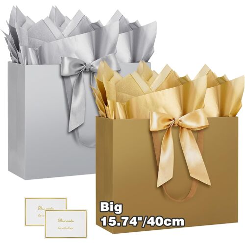 Mevronisshop-Sac Cadeau Vertical Extra Large 40 Cm, Papier De Soie Et Cartes, 40 X 30 X 12,5 Cm, Mariage, Anniversaire, Demoiselle D'honneur (Gris Doré)