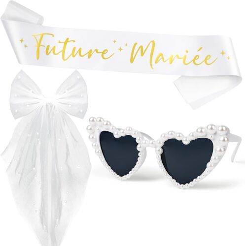 Mevronisshop-Accessoire Evjf Future Mariée Voile Écharpe Lunette Coeur Avec Perles - Kit Enterrement De Vie De Jeune Fille Avec Boîte Pour Fête Déguisement Evjf
