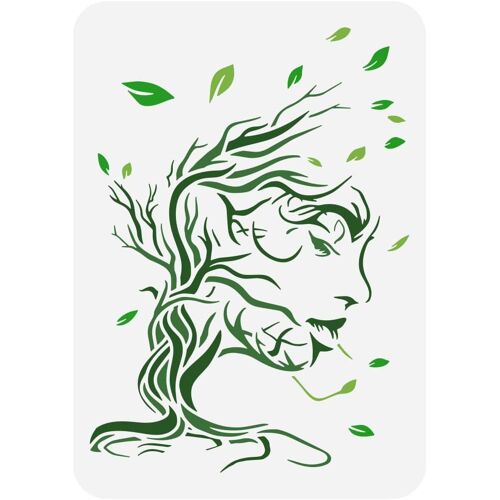 Mevronisshop-Pochoir De Peinture Arbre Femme 21x29.7cm - Branches D'arbres Creuses, Feuilles, Visage De Femme, Grand Arbre De Vie - Modèle De Dessin En Plastique Pet