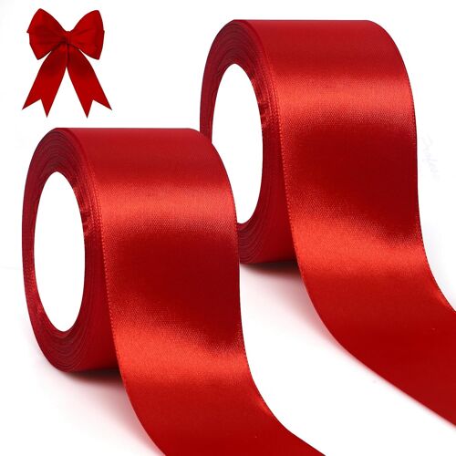 Mevronisshop-Ruban Satin Rouge 50mm, 46 Mètres Ruban Satinée Pour Emballage Cadeau, Couture, Artisanat, Bouquets, Décoration De Mariage, Décoration De Noël (23m/Rouleau)