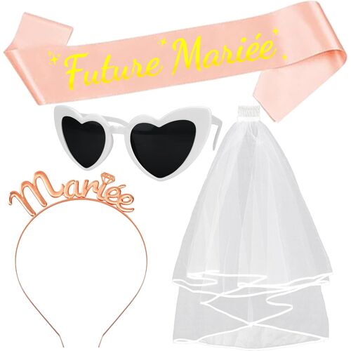 Mevronisshop-4 Pièces Accessoire Evjf Écharpe Future Mariée Voile Blanc Couronne Serre-Tête Mariée Or Rose Lunette Coeur Kit Enterrement De Vie De Jeune Fille Pour Fête Evjf Déguisement Mariages Fian