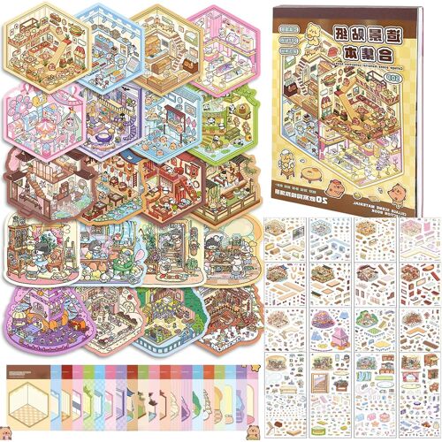 Kalanka-Autocollants De Scène Pour Enfants & Adultes, 3d House Stickers Diy Scene Miniature Autocollants 20 Set, Maison Livre De Scènes Miniatures Réutilisables, Ensemble Créatif Sûr Détente Amusemen