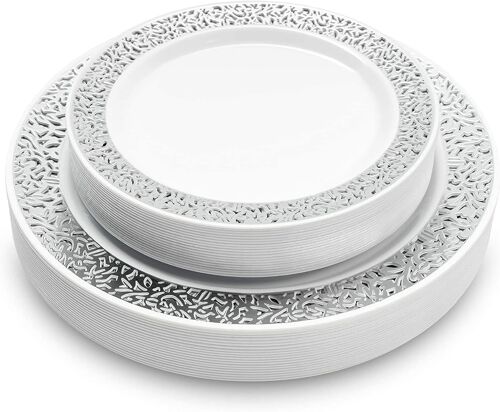 Mevronisshop-40 Assiettes Blanches Élégantes Avec Bordure Argentée Pour Mariages, Anniversaires, Baptêmes, Noël & Fêtes (2 Tailles, 26cm & 18cm) - Solide & Réutilisable