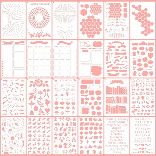 Mevronisshop-Lot De 24 Pochoirs Bullet Journal Pour Planificateur A5 | Modèles Réutilisables Pour Carnet Et Calendrier | Accessoires Bullet Journal | Pochoir Lettres