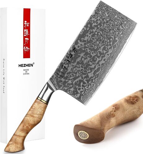 Mevronisshop-Damas Couperets-Forgé Acier Damas Boucher Couteau À Hachoir-Couteau De Chef Chinois Professionnel-Manche En Bois De Sycomore Figuré