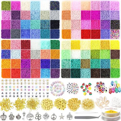 Mevronisshop-52000pcs Perles De Graines De Verre De 2mm, 96 Couleur Kit Pour Bijoux, Fabrication De Bracelets Avec Pince À Épiler, Ciseaux Et 2 Fils Clairs De 0.5mm
