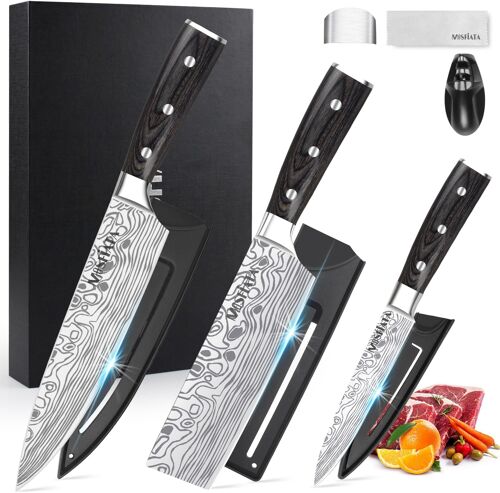 Mevronisshop-Ensemble De 3 Couteaux De Cuisine - Nakiri, Base Et Piratage En Acier Inoxydable Carbone Haute Qualité