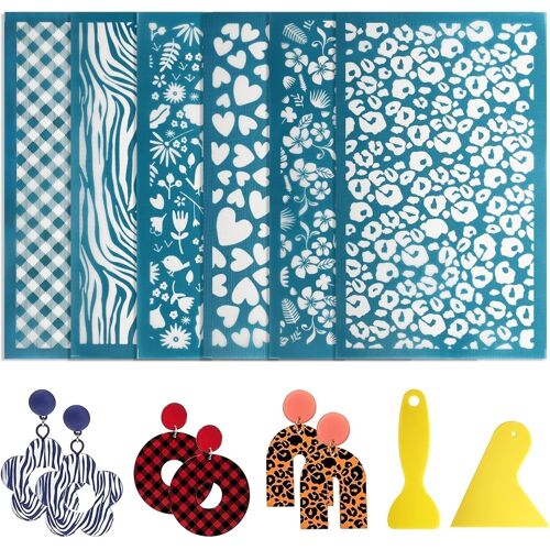 Mevronisshop-Lot De 6 Pochoirs Pour Sérigraphie, D'outils En Argile Pour Pochoirs, Sérigraphie Réutilisable Avec 2 Grattoirs Bricolage En Pâte Polymère, Fabrication Bijoux
