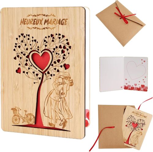 MEVRONISSHOP-Cadeau Mariage en Bois avec Enveloppe, 10x15 cm Carte Mariage Félicitation, Carte Mariage en Bois avec C?ur à Offrir aux Mariés