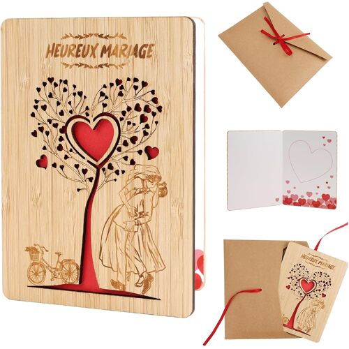 MEVRONISSHOP-Cadeau Mariage en Bois avec Enveloppe, 10x15 cm Carte Mariage Félicitation, Carte Mariage en Bois avec C?ur à Offrir aux Mariés