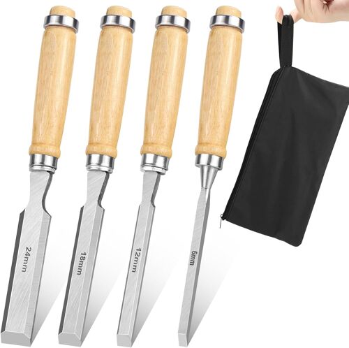 MEVRONISSHOP-Ciseaux à bois Professionnels 4 Pièces Ensemble de Ciseaux à Bois 6, 12, 19, 24mm Ciseau a Bois avec Poignée et Sac de Rangement pour Débutants et Professionnels (4 Pièces Ensemble de Ci