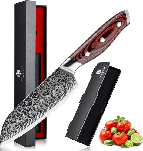 Mevronisshop-Couteau Santoku 13cm En Acier Damas 67 Couches - Noyau En Acier Aus-10 D¿Origine Japonaise - Couteau De Cuisine Compact Ultra Tranchant - Manche Bois Pakka Rouge - Étui Aimanté - Ustensi