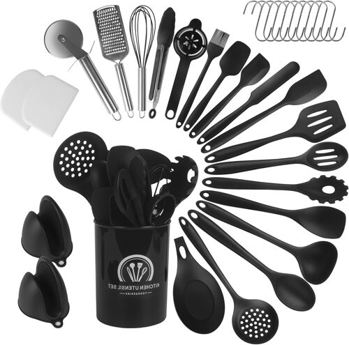 Mevronisshop-43pièces Ustensiles De Cuisine, Ustensiles De Cuisine En Silicone, Ensemble Avec Boîte De Rangement Et Crochet En S, Résistant À La Chaleur Et Antiadhésif, Lavable Au Lave-Vaisselle