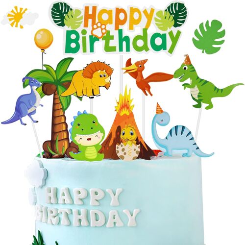 Mevronisshop-Décoration De Gâteau, 21 Pièces Toppers De Gâteau D'anniversaire, Décorations De Fête De Dinosaure Et Feuilles Décoration De Cupcake, Happy Birthday Fournitures De Fête D'anniversaire