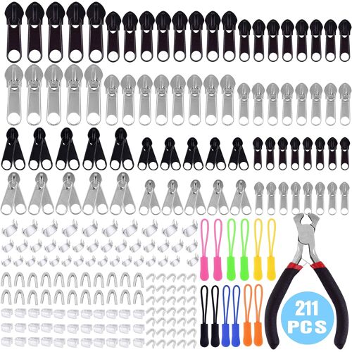 Mevronisshop-211 Pièces De Réparation Zipper Kit De Remplacement Fermeture À Glissière Avec Fermeture Éclair Installer Pince Pour Sacs De Bricolage, Vestes, Sacs À Dos, Bagages, Argent Et Noir